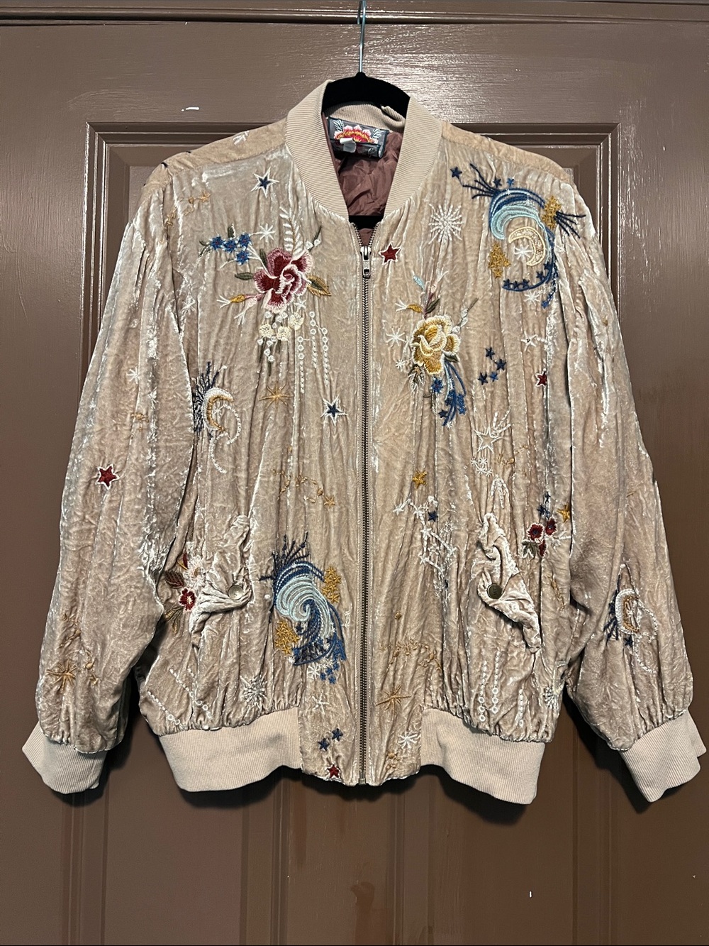 Johnny Was Silk blend Embroidered Beige Velvet Bomber Jacket